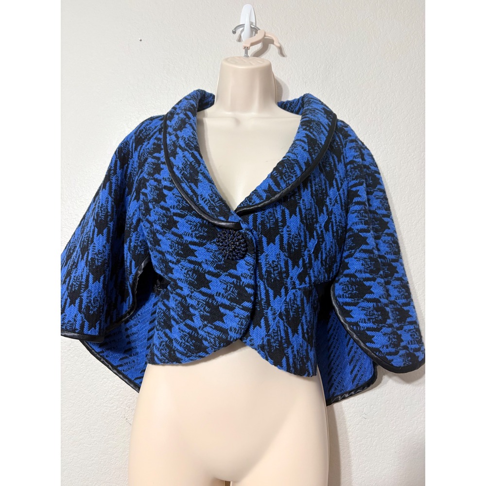 Vertigo Paris Vintage Y2K Royal Blue Black Houndstooth Capelet Satin Trim XS